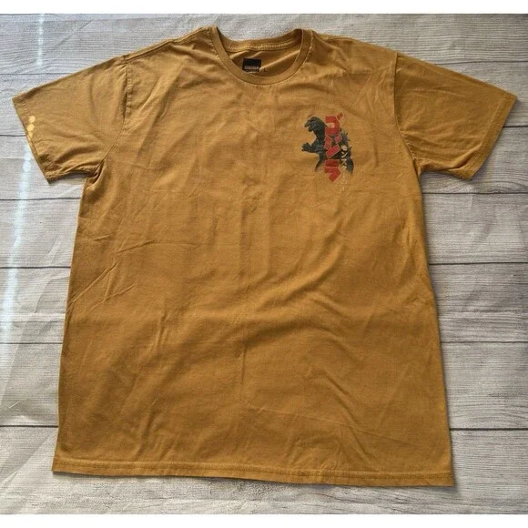 Godzilla in Japan Cherry Blossoms Mustard Yellow Graphics T-Shirt Sz Lg Japanese - Picture 2 of 5